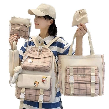 Mochila Kawaii coreana cuadros set de 5piezas con accesorios  